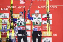 24.03.2023, Lahti, Finland (FIN): Laurent Muhlethaler (FRA), Matteo Baud (FRA), (l-r)  - FIS world cup nordic combined men, team sprint HS130/2x7.5km, Lahti (FIN). www.nordicfocus.com. © Thibaut/NordicFocus. Every downloaded picture is fee-liable.