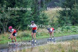 27.08.2023, Oberwiesenthal, Germany (GER): Nathalie Armbruster (GER), Jenny Nowak (GER), Gyda Westvold Hansen (NOR), (l-r)  - FIS Nordic Combined Summer Grand Prix men and women, mixed team sprint, Oberwiesenthal (GER). www.nordicfocus.com. © Volk/NordicFocus. Every downloaded picture is fee-liable.