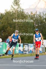 02.09.2023, Villach, Austria (AUT): Ilkka Herola (FIN), Stefan Rettenegger (AUT), (l-r)  - FIS Nordic Combined Summer Grand Prix men and women, compact sprint HS98/7.5km men, Villach (AUT). www.nordicfocus.com. © Volk/NordicFocus. Every downloaded picture is fee-liable.