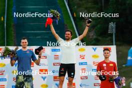 02.09.2023, Villach, Austria (AUT): Terence Weber (GER), Johannes Rydzek (GER), Johannes Lamparter (AUT), (l-r) - FIS Nordic Combined Summer Grand Prix men and women, compact sprint HS98/7.5km men, Villach (AUT). www.nordicfocus.com. © Volk/NordicFocus. Every downloaded picture is fee-liable.