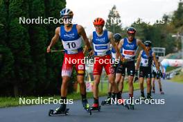 02.09.2023, Villach, Austria (AUT): Johannes Lamparter (AUT), Franz-Josef Rehrl (AUT), Johannes Rydzek (GER), (l-r)  - FIS Nordic Combined Summer Grand Prix men and women, compact sprint HS98/7.5km men, Villach (AUT). www.nordicfocus.com. © Volk/NordicFocus. Every downloaded picture is fee-liable.