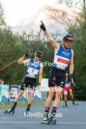 02.09.2023, Villach, Austria (AUT): Terence Weber (GER), Johannes Rydzek (GER), (l-r)  - FIS Nordic Combined Summer Grand Prix men and women, compact sprint HS98/7.5km men, Villach (AUT). www.nordicfocus.com. © Volk/NordicFocus. Every downloaded picture is fee-liable.