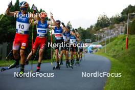 02.09.2023, Villach, Austria (AUT): Johannes Lamparter (AUT), Franz-Josef Rehrl (AUT), Johannes Rydzek (GER), Terence Weber (GER), David Mach (GER), (l-r)  - FIS Nordic Combined Summer Grand Prix men and women, compact sprint HS98/7.5km men, Villach (AUT). www.nordicfocus.com. © Volk/NordicFocus. Every downloaded picture is fee-liable.