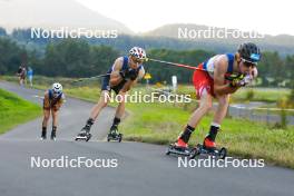 02.09.2023, Villach, Austria (AUT): Christian Deuschl (AUT), Ilkka Herola (FIN), Stefan Rettenegger (AUT), (l-r)  - FIS Nordic Combined Summer Grand Prix men and women, compact sprint HS98/7.5km men, Villach (AUT). www.nordicfocus.com. © Volk/NordicFocus. Every downloaded picture is fee-liable.