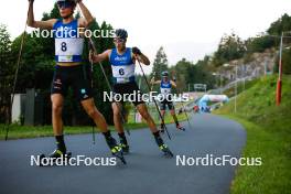 02.09.2023, Villach, Austria (AUT): David Mach (GER), Laurent Muhlethaler (FRA), Marco Heinis (FRA), (l-r)  - FIS Nordic Combined Summer Grand Prix men and women, compact sprint HS98/7.5km men, Villach (AUT). www.nordicfocus.com. © Volk/NordicFocus. Every downloaded picture is fee-liable.