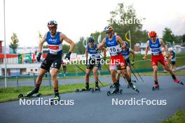 02.09.2023, Villach, Austria (AUT): Johannes Rydzek (GER), Laurent Muhlethaler (FRA), Johannes Lamparter (AUT), Franz-Josef Rehrl (AUT), (l-r)  - FIS Nordic Combined Summer Grand Prix men and women, compact sprint HS98/7.5km men, Villach (AUT). www.nordicfocus.com. © Volk/NordicFocus. Every downloaded picture is fee-liable.