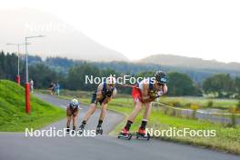 02.09.2023, Villach, Austria (AUT): Christian Deuschl (AUT), Ilkka Herola (FIN), Stefan Rettenegger (AUT), (l-r)  - FIS Nordic Combined Summer Grand Prix men and women, compact sprint HS98/7.5km men, Villach (AUT). www.nordicfocus.com. © Volk/NordicFocus. Every downloaded picture is fee-liable.