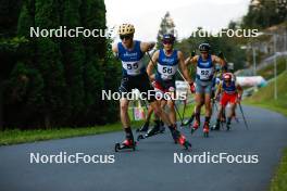 02.09.2023, Villach, Austria (AUT): Stephen Schumann (USA), Severin Reiter (AUT), Erazem Stanonik (SLO), (l-r)  - FIS Nordic Combined Summer Grand Prix men and women, compact sprint HS98/7.5km men, Villach (AUT). www.nordicfocus.com. © Volk/NordicFocus. Every downloaded picture is fee-liable.