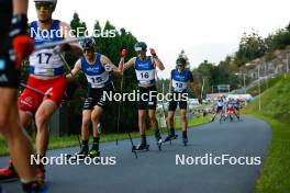 02.09.2023, Villach, Austria (AUT): Matteo Baud (FRA), Espen Bjoernstad (NOR), Simon Mach (GER), (l-r)  - FIS Nordic Combined Summer Grand Prix men and women, compact sprint HS98/7.5km men, Villach (AUT). www.nordicfocus.com. © Volk/NordicFocus. Every downloaded picture is fee-liable.