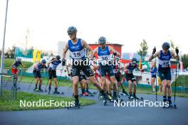 02.09.2023, Villach, Austria (AUT): Matteo Baud (FRA), Eero Hirvonen (FIN), Perttu Reponen (FIN), (l-r)  - FIS Nordic Combined Summer Grand Prix men and women, compact sprint HS98/7.5km men, Villach (AUT). www.nordicfocus.com. © Volk/NordicFocus. Every downloaded picture is fee-liable.