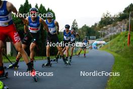 02.09.2023, Villach, Austria (AUT): Johannes Rydzek (GER), Terence Weber (GER), David Mach (GER), Laurent Muhlethaler (FRA), (l-r)  - FIS Nordic Combined Summer Grand Prix men and women, compact sprint HS98/7.5km men, Villach (AUT). www.nordicfocus.com. © Volk/NordicFocus. Every downloaded picture is fee-liable.