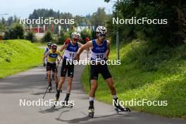 03.09.2023, Villach, Austria (AUT): Johannes Rydzek (GER), Richard Stenzel (GER), Christian Deuschl (AUT), (l-r)  - FIS Nordic Combined Summer Grand Prix men and women, individual gundersen HS98/10km men, Villach (AUT). www.nordicfocus.com. © Volk/NordicFocus. Every downloaded picture is fee-liable.