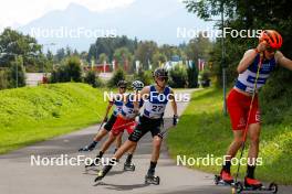 03.09.2023, Villach, Austria (AUT): Lukas Greiderer (AUT), Matteo Baud (FRA), Franz-Josef Rehrl (AUT), (l-r)  - FIS Nordic Combined Summer Grand Prix men and women, individual gundersen HS98/10km men, Villach (AUT). www.nordicfocus.com. © Volk/NordicFocus. Every downloaded picture is fee-liable.