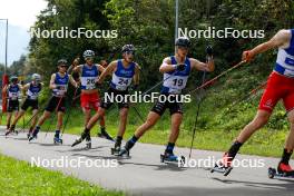 03.09.2023, Villach, Austria (AUT): Christian Frank (GER), Gasper Brecl (SLO), Otto Niittykoski (FIN), Lukas Greiderer (AUT), Laurent Muhlethaler (FRA), Antoine Gerard (FRA), (l-r)  - FIS Nordic Combined Summer Grand Prix men and women, individual gundersen HS98/10km men, Villach (AUT). www.nordicfocus.com. © Volk/NordicFocus. Every downloaded picture is fee-liable.