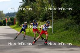 03.09.2023, Villach, Austria (AUT): Ilkka Herola (FIN), Thomas Rettenegger (AUT), Stefan Rettenegger (AUT), (l-r)  - FIS Nordic Combined Summer Grand Prix men and women, individual gundersen HS98/10km men, Villach (AUT). www.nordicfocus.com. © Volk/NordicFocus. Every downloaded picture is fee-liable.