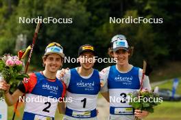 03.09.2023, Villach, Austria (AUT): Stefan Rettenegger (AUT), Ilkka Herola (FIN), Thomas Rettenegger (AUT), (l-r) - FIS Nordic Combined Summer Grand Prix men and women, individual gundersen HS98/10km men, Villach (AUT). www.nordicfocus.com. © Volk/NordicFocus. Every downloaded picture is fee-liable.