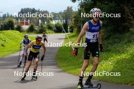 03.09.2023, Villach, Austria (AUT): Simen Tiller (NOR), Johannes Rydzek (GER), Richard Stenzel (GER), (l-r)  - FIS Nordic Combined Summer Grand Prix men and women, individual gundersen HS98/10km men, Villach (AUT). www.nordicfocus.com. © Volk/NordicFocus. Every downloaded picture is fee-liable.
