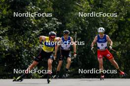 03.09.2023, Villach, Austria (AUT): Johannes Rydzek (GER), Terence Weber (GER), Martin Fritz (AUT), (l-r)  - FIS Nordic Combined Summer Grand Prix men and women, individual gundersen HS98/10km men, Villach (AUT). www.nordicfocus.com. © Volk/NordicFocus. Every downloaded picture is fee-liable.