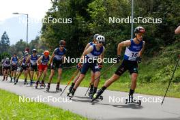 03.09.2023, Villach, Austria (AUT): Antoine Gerard (FRA), Franz-Josef Rehrl (AUT), Mael Tyrode (FRA), Jesse Paeaekkoenen (FIN), Tristan Sommerfeldt (GER), (l-r)  - FIS Nordic Combined Summer Grand Prix men and women, individual gundersen HS98/10km men, Villach (AUT). www.nordicfocus.com. © Volk/NordicFocus. Every downloaded picture is fee-liable.