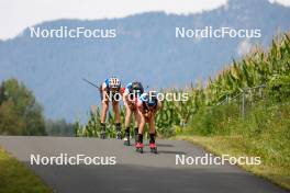 03.09.2023, Villach, Austria (AUT): Stefan Rettenegger (AUT), Thomas Rettenegger (AUT), Ilkka Herola (FIN), (l-r)  - FIS Nordic Combined Summer Grand Prix men and women, individual gundersen HS98/10km men, Villach (AUT). www.nordicfocus.com. © Volk/NordicFocus. Every downloaded picture is fee-liable.