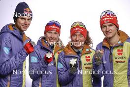 25.02.2023, Planica, Slovenia (SLO): Vinzenz Geiger (GER), Jenny Nowak (GER), Nathalie Armbruster (GER), Julian Schmid (GER), (l-r) - FIS nordic world ski championships nordic combined men, medals, Planica (SLO). www.nordicfocus.com. © Thibaut/NordicFocus. Every downloaded picture is fee-liable.
