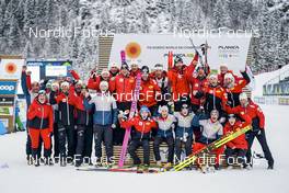 26.02.2023, Planica, Slovenia (SLO): Stefan Rettenegger (AUT), Annalena Slamik (AUT), Lisa Hirner (AUT), Johannes Lamparter  (AUT), (l-r)  - FIS nordic world ski championships nordic combined men, mixed team HS100/4x5km, Planica (SLO). www.nordicfocus.com. © Thibaut/NordicFocus. Every downloaded picture is fee-liable.