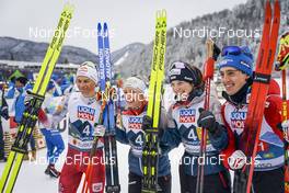 26.02.2023, Planica, Slovenia (SLO): Johannes Lamparter  (AUT), Lisa Hirner (AUT), Annalena Slamik (AUT), Stefan Rettenegger (AUT), (l-r)  - FIS nordic world ski championships nordic combined men, mixed team HS100/4x5km, Planica (SLO). www.nordicfocus.com. © Thibaut/NordicFocus. Every downloaded picture is fee-liable.