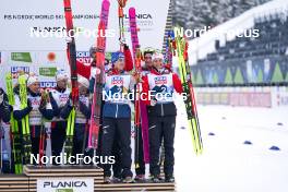 01.03.2023, Planica, Slovenia (SLO): Lukas Greiderer (AUT), Stefan Rettenegger (AUT), Martin Fritz (AUT), Johannes Lamparter (AUT), (l-r) - FIS nordic world ski championships nordic combined men, team HS138/4x5km, Planica (SLO). www.nordicfocus.com. © Thibaut/NordicFocus. Every downloaded picture is fee-liable.