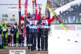01.03.2023, Planica, Slovenia (SLO): Lukas Greiderer (AUT), Stefan Rettenegger (AUT), Martin Fritz (AUT), Johannes Lamparter (AUT), (l-r)  - FIS nordic world ski championships nordic combined men, team HS138/4x5km, Planica (SLO). www.nordicfocus.com. © Thibaut/NordicFocus. Every downloaded picture is fee-liable.