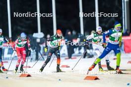 24.11.2023, Ruka, Finland (FIN): Thomas Rettenegger (AUT), Tristan Sommerfeldt (GER), Espen Bjoernstad (NOR), (l-r)  - FIS world cup nordic combined men, compact HS142/7.5km, Ruka (FIN). www.nordicfocus.com. © Thibaut/NordicFocus. Every downloaded picture is fee-liable.