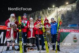 25.11.2023, Ruka, Finland (FIN): Joergen Graabak (NOR), Jarl Magnus Riiber (NOR), Johannes Lamparter (AUT), (l-r)  - FIS world cup nordic combined men, individual gundersen HS142/10km, Ruka (FIN). www.nordicfocus.com. © Thibaut/NordicFocus. Every downloaded picture is fee-liable.