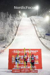 26.11.2023, Ruka, Finland (FIN): Johannes Lamparter (AUT), Jarl Magnus Riiber (NOR), Stefan Rettenegger (AUT), (l-r) - FIS world cup nordic combined men, mass HS142/10km, Ruka (FIN). www.nordicfocus.com. © Thibaut/NordicFocus. Every downloaded picture is fee-liable.