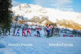 16.12.2023, Ramsau, Austria (AUT): Chingiz Rakparov (KAZ), Ondrej Pazout (CZE), Kilian Guetl (AUT), Yuya Yamamoto (JPN), Iacopo Bortolas (ITA), (l-r)  - FIS world cup nordic combined men, compact HS98/7.5km, Ramsau (AUT). www.nordicfocus.com. © Volk/NordicFocus. Every downloaded picture is fee-liable.