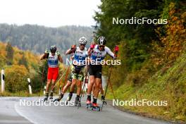 14.10.2023, Klingenthal, Germany (GER): Florian Schultz (GER), Constantin Mueller (GER), Nico Zarucchi (SUI), (l-r)  - German Championships Nordic Combined men and women, individual gundersen HS140/10km men, Klingenthal (GER). www.nordicfocus.com. © Volk/NordicFocus. Every downloaded picture is fee-liable.