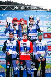 14.10.2023, Klingenthal, Germany (GER): Johannes Rydzek (GER), Julian Schmid (GER), Terence Weber (GER), David Mach (GER), Manuel Faisst (GER), Fabian Riessle (GER), (l-r) - German Championships Nordic Combined men and women, individual gundersen HS140/10km men, Klingenthal (GER). www.nordicfocus.com. © Volk/NordicFocus. Every downloaded picture is fee-liable.