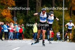 14.10.2023, Klingenthal, Germany (GER): Johannes Rydzek (GER), Terence Weber (GER), (l-r)  - German Championships Nordic Combined men and women, individual gundersen HS140/10km men, Klingenthal (GER). www.nordicfocus.com. © Volk/NordicFocus. Every downloaded picture is fee-liable.