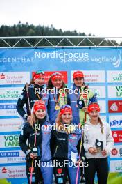 14.10.2023, Klingenthal, Germany (GER): Jenny Nowak (GER), Nathalie Armbruster (GER), Maria Gerboth (GER), Ronja Loh (GER), Magdalena Burger (GER), Fabienne Klumpp (GER), (l-r) - German Championships Nordic Combined men and women, individual gundersen HS85/5km women, Klingenthal (GER). www.nordicfocus.com. © Volk/NordicFocus. Every downloaded picture is fee-liable.