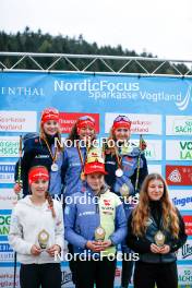 14.10.2023, Klingenthal, Germany (GER): Ronja Loh (GER), Nathalie Armbruster (GER), Magdalena Burger (GER), Fabienne Klumpp (GER), Sofia Eggensberger (GER), Amelie Steiner (GER), (l-r) - German Championships Nordic Combined men and women, individual gundersen HS85/5km women, Klingenthal (GER). www.nordicfocus.com. © Volk/NordicFocus. Every downloaded picture is fee-liable.