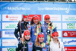 14.10.2023, Klingenthal, Germany (GER): Jenny Nowak (GER), Nathalie Armbruster (GER), Maria Gerboth (GER), Magdalena Burger (GER), Ronja Loh (GER), Fabienne Klumpp (GER), (l-r) - German Championships Nordic Combined men and women, individual gundersen HS85/5km women, Klingenthal (GER). www.nordicfocus.com. © Volk/NordicFocus. Every downloaded picture is fee-liable.