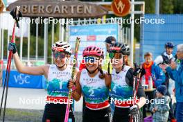 14.10.2023, Klingenthal, Germany (GER): Maria Gerboth (GER), Nathalie Armbruster (GER), Jenny Nowak (GER), (l-r)  - German Championships Nordic Combined men and women, individual gundersen HS85/5km women, Klingenthal (GER). www.nordicfocus.com. © Volk/NordicFocus. Every downloaded picture is fee-liable.