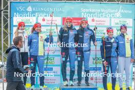 15.10.2023, Klingenthal, Germany (GER): Fabienne Klumpp (GER), Nathalie Armbruster (GER), Ronja Loh (GER), Jenny Nowak (GER), Magdalena Burger (GER), Sophia Maurus (GER), (l-r)  - German Championships Nordic Combined men and women, team sprint HS85/7.5km women, Klingenthal (GER). www.nordicfocus.com. © Volk/NordicFocus. Every downloaded picture is fee-liable.