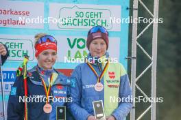 15.10.2023, Klingenthal, Germany (GER): Magdalena Burger (GER), Sophia Maurus (GER), (l-r)  - German Championships Nordic Combined men and women, team sprint HS85/7.5km women, Klingenthal (GER). www.nordicfocus.com. © Volk/NordicFocus. Every downloaded picture is fee-liable.