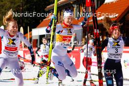 12.02.2023, Schonach, Germany (GER): Ida Marie Hagen (NOR), Gyda Westvold Hansen (NOR), Nathalie Armbruster (GER), (l-r)  - FIS world cup nordic combined women, individual gundersen HS100/5km, Schonach (GER). www.nordicfocus.com. © Volk/NordicFocus. Every downloaded picture is fee-liable.