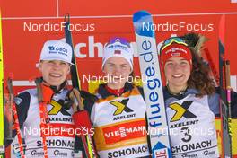 12.02.2023, Schonach, Germany (GER): Ida Marie Hagen (NOR), Gyda Westvold Hansen (NOR), Nathalie Armbruster (GER), (l-r) - FIS world cup nordic combined women, individual gundersen HS100/5km, Schonach (GER). www.nordicfocus.com. © Volk/NordicFocus. Every downloaded picture is fee-liable.