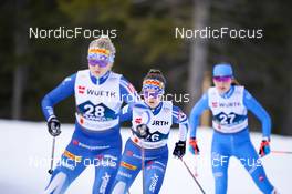24.02.2023, Planica, Slovenia (SLO): Anna Kerko (FIN), Minja Korhonen (FIN), Greta Pinzani (ITA), (l-r)  - FIS nordic world ski championships nordic combined women, individual gundersen HS100/5km, Planica (SLO). www.nordicfocus.com. © Thibaut/NordicFocus. Every downloaded picture is fee-liable.