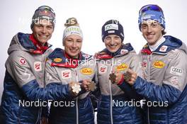 24.02.2023, Planica, Slovenia (SLO): Johannes Lamparter (AUT), Stefan Rettenegger (AUT), Annalena Slamik (AUT), Lisa Hirner (AUT), (l-r)  - FIS nordic world ski championships nordic combined women, medals, Planica (SLO). www.nordicfocus.com. © Thibaut/NordicFocus. Every downloaded picture is fee-liable.