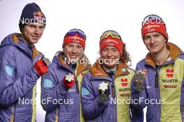 24.02.2023, Planica, Slovenia (SLO): Vinzenz Geiger (GER), Julian Schmid (GER), Jenny Nowak (GER), Nathalie Armbruster (GER), (l-r)  - FIS nordic world ski championships nordic combined women, medals, Planica (SLO). www.nordicfocus.com. © Thibaut/NordicFocus. Every downloaded picture is fee-liable.