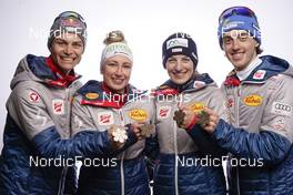 24.02.2023, Planica, Slovenia (SLO): Jarl Magnus Riiber (NOR), Gyda Westvold Hansen (NOR), Jens Luraas Oftebro (NOR), Ida Marie Hagen (NOR), (l-r)  - FIS nordic world ski championships nordic combined women, medals, Planica (SLO). www.nordicfocus.com. © Thibaut/NordicFocus. Every downloaded picture is fee-liable.