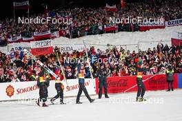 14.01.2023, Zakopane, Poland (POL): Daniel Tschofenig (AUT), Michael Hayboeck (AUT), Manuel Fettner (AUT), Stefan Kraft (AUT), (l-r)  - FIS world cup ski jumping men, team HS140, Zakopane (POL). www.nordicfocus.com. © Thibaut/NordicFocus. Every downloaded picture is fee-liable.