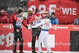 28.01.2023, Kulm, Austria (AUT): Jan Hoerl (AUT), Philipp Aschenwald (AUT), Stefan Kraft (AUT), (l-r) - FIS world cup ski jumping men, individual HS134, Kulm (AUT). www.nordicfocus.com. © Reichert/NordicFocus. Every downloaded picture is fee-liable.